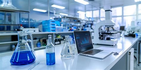 Laboratory bench with microscope and glassware used for biological evaluation planning