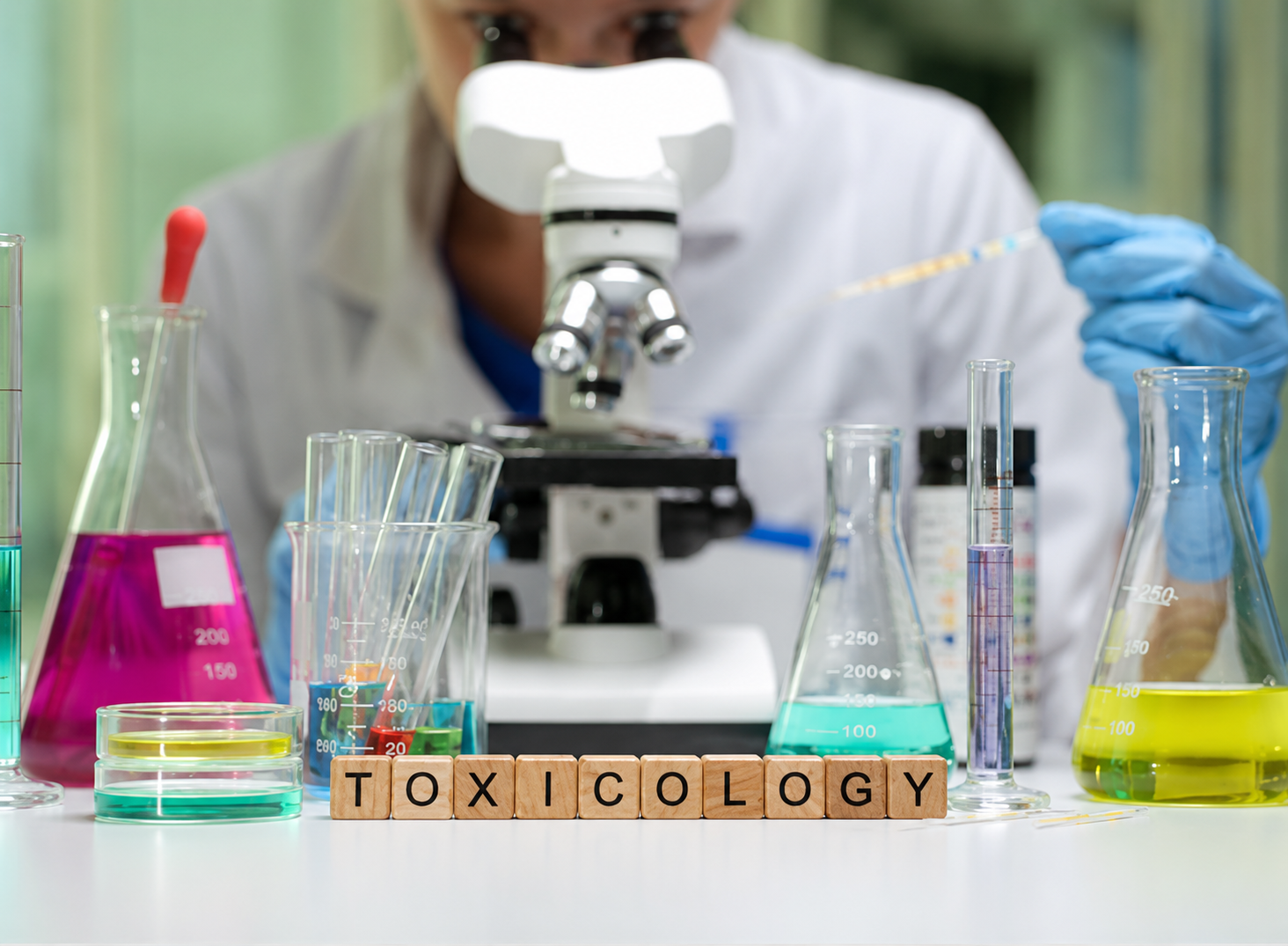 Toxicology laboratory bench with microscope and colorful sample flasks